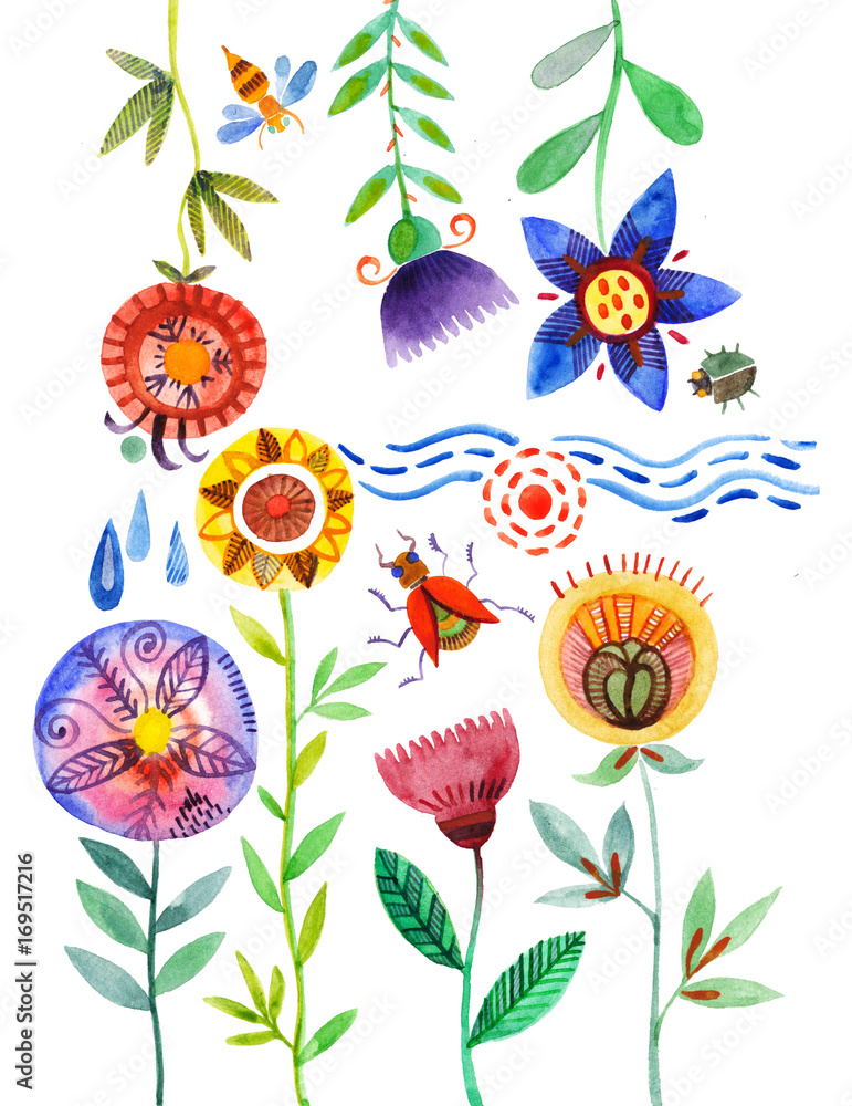 ботаническая иллюстрация, акварельные цветы, стилизованные растения Stock  Illustration | Adobe Stock