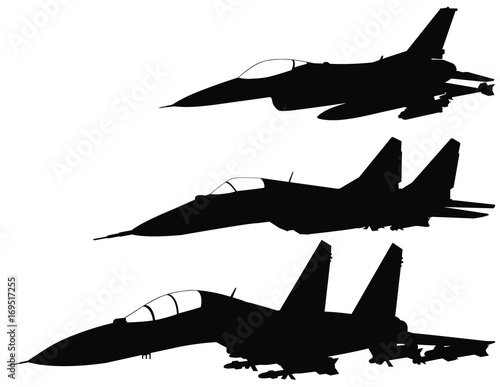Vector set of Fighter jet silhouettes (F-16, Mig-29, SU-27) 