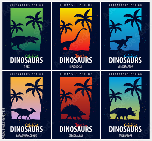 Posters collection World of dinosaurs. Prehistoric world. T-rex, Diplodocus, Velociraptor, Parasaurolophus, Stegosaurus, Triceratops. Cretaceous period. Jurassic period.