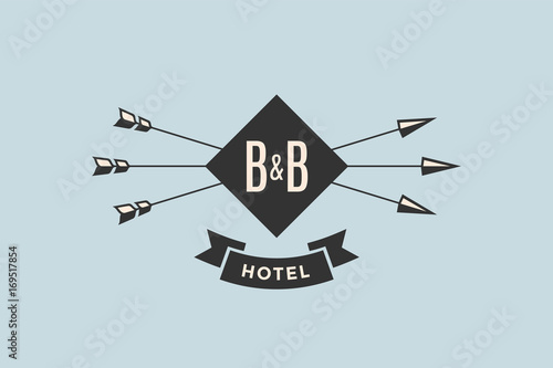 Emblem of Hotel with arrows and text BB, Hotel. Logo template for hostel or hotel in vintage retro style. Logo, signs, labels, identity, badges for business brands. Vector Illustration