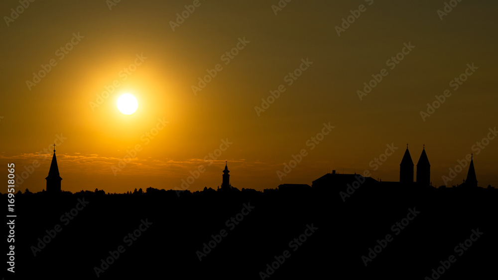 Sunrise Over Veszprem. View of Veszprem silhouette.