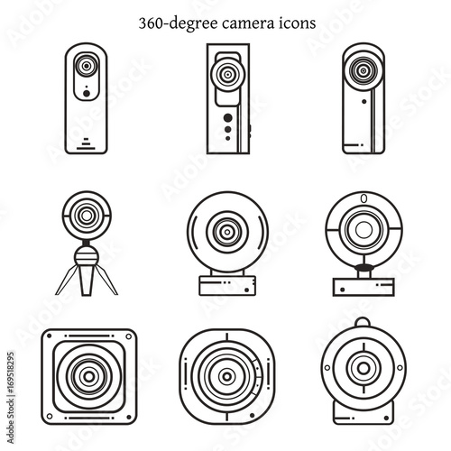 Set of 360 degree camera icons in thin line design.