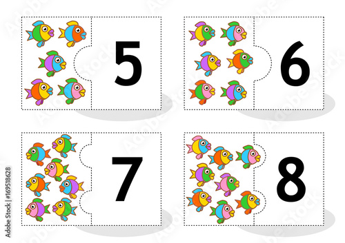 Learn counting 2-part puzzle cards to cut out and play, fish themed, numbers 5 - 8
