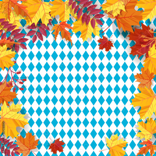 Autumn leaves on a background pattern of blue diamonds. Traditional fall Oktoberfest background. National German autumn beer festival design.Cartoon style vector illustration