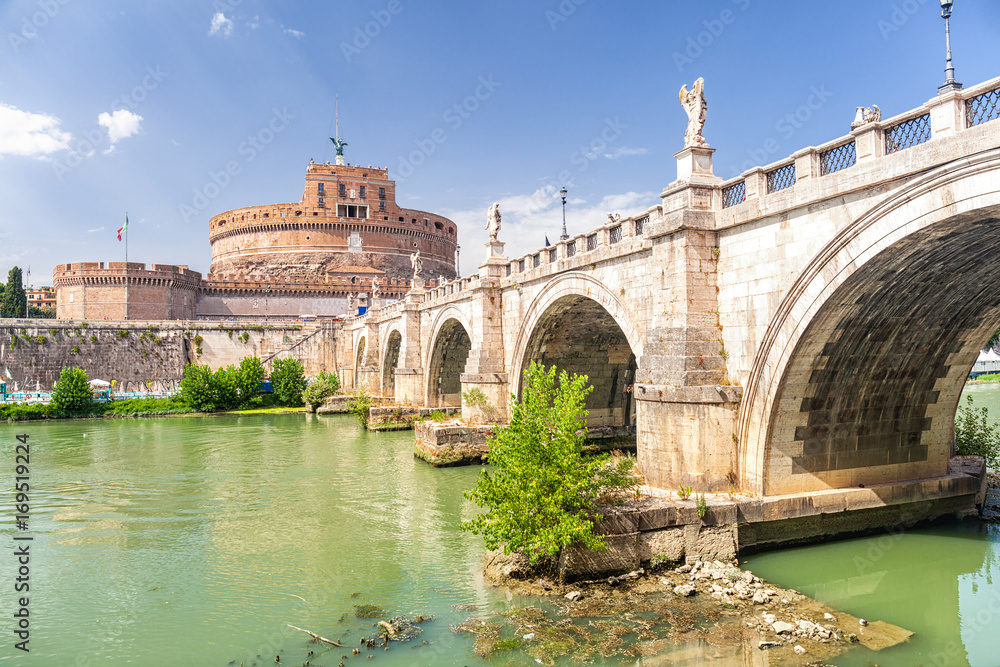 The Mausoleum of Hadrian, usually known as Castel Sant'Angelo (Castle of the Holy Angel) and Sant' Angelo Bridge. Rome. Italy.