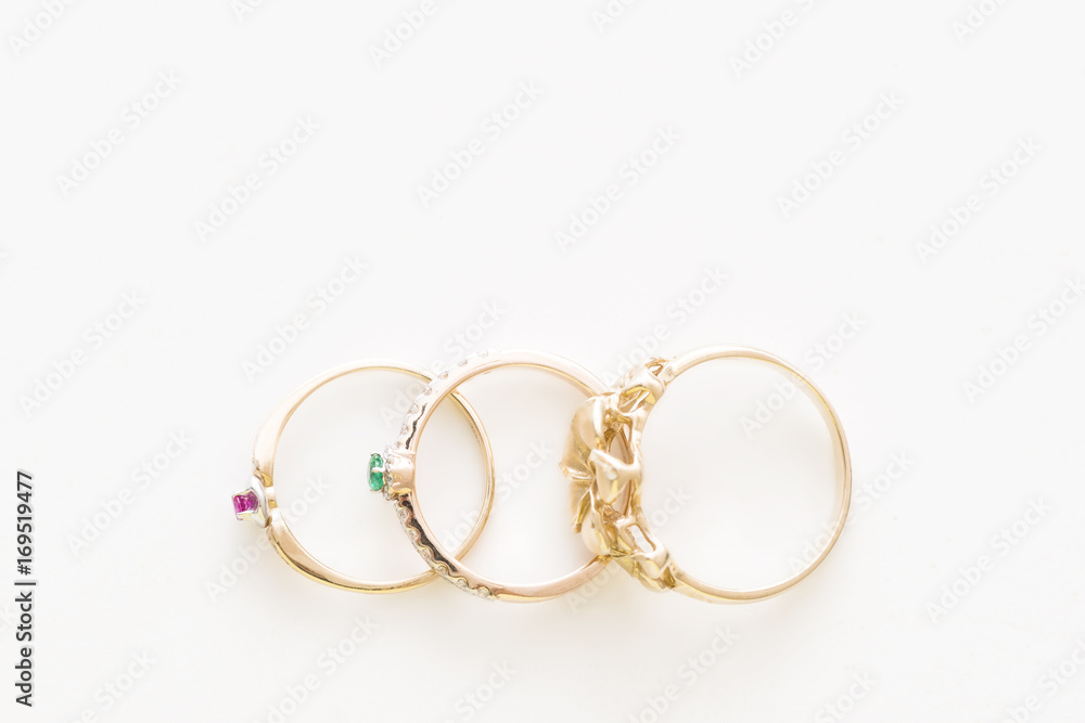 Rings of yellow gold with diamonds, emeralds and rubies Rings of yellow gold with diamonds, emeralds and rubies