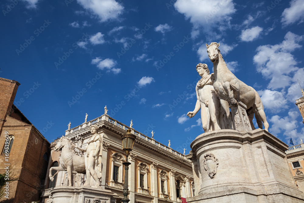 Cordonata Capitolina and Dioscuri  statues (Castor and Pollux) in the entrance to Capitoline Hill, Rome, Italy