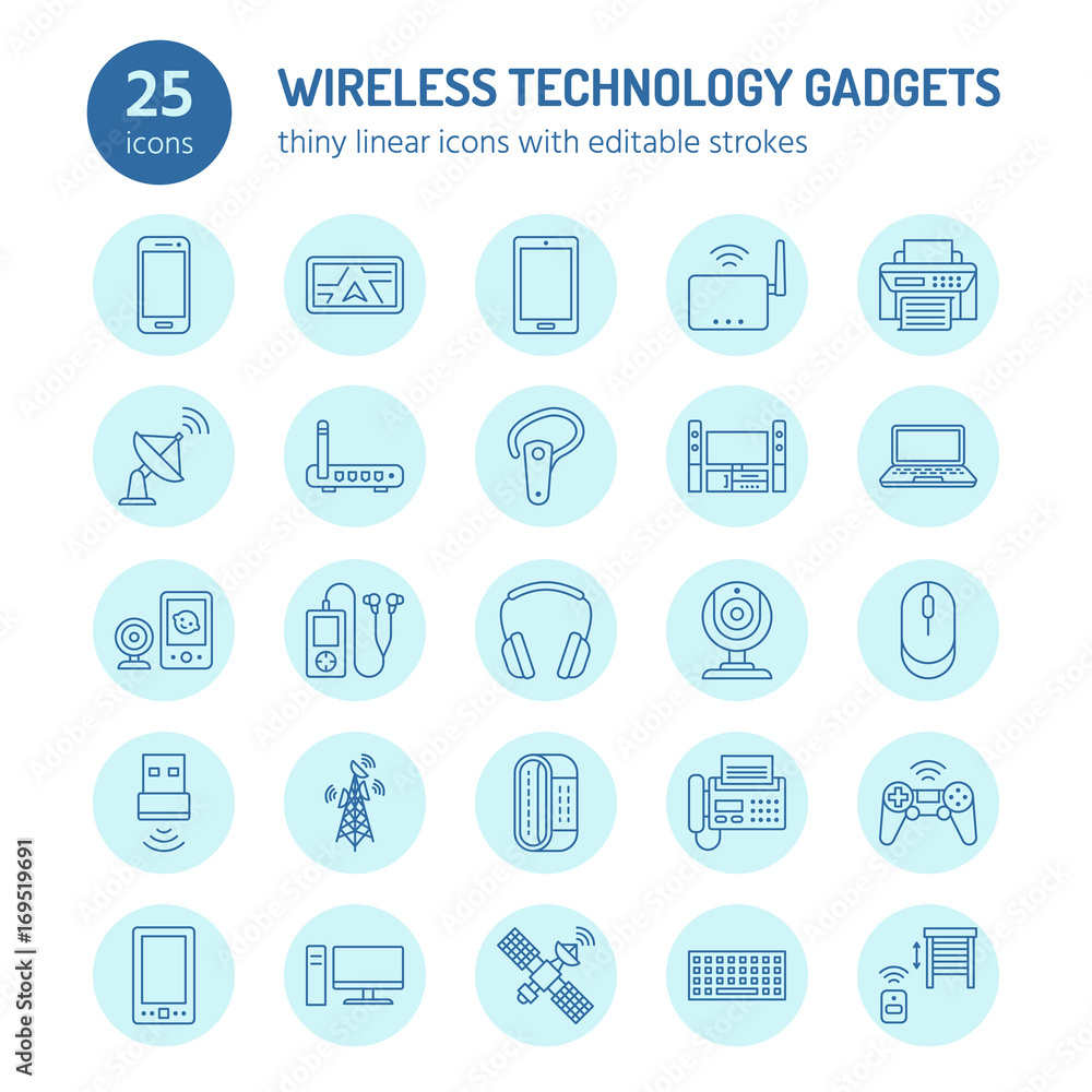 Wireless devices flat line icons. Wifi internet connection technology signs. Router, computer, smartphone, tablet, laptop, printer, satellite. Vector linear illustration linear for electronic store. Wireless devices flat line icons. Wifi internet connection technology signs. Router, computer, smartphone, tablet, laptop, printer, satellite. Vector linear illustration linear for electronic store.