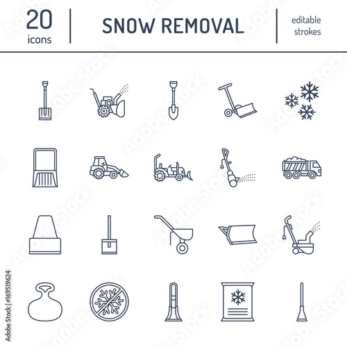 Snow removal flat line icons. Ice relocation service signs. Cold weather equipment - snow thrower, blower, truck, front loader, snow shovel. Vector illustration, industrial cleaning symbols.