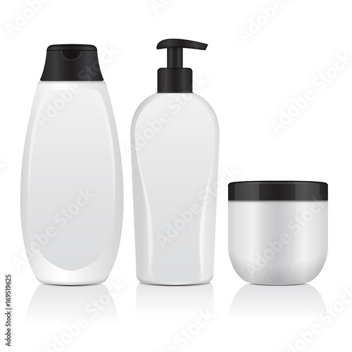 Set Of Realistic Cosmetic Bottles. Tube, Container For Cream, Bottle With Dispencer. Vector Mock Up Illustration