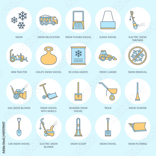 Snow removal colored flat line icons. Ice relocation service signs. Cold weather equipment - snow thrower, blower, truck, front loader, snow shovel. Vector illustration, industrial cleaning symbols.