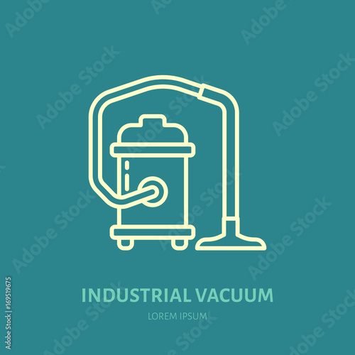 Industrial vacuum cleaner flat line icon, logo. Vector illustration of household appliance for housework equipment shop or cleaning service.