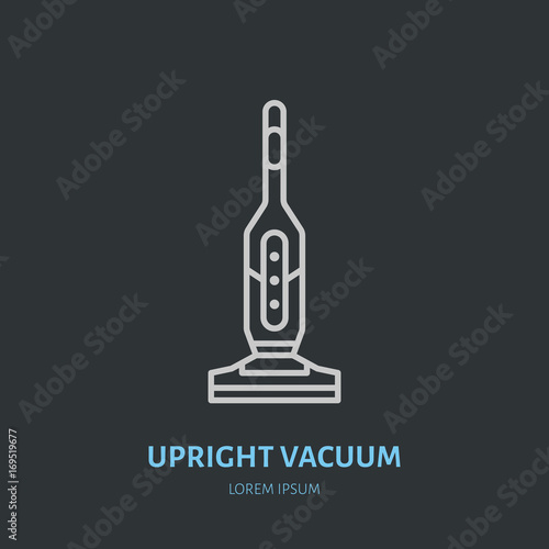 Upright vacuum cleaner flat line icon, logo. Vector illustration of household appliance for housework equipment shop or cleaning service.