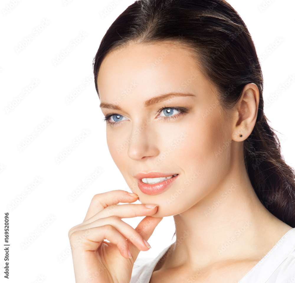 Thinking businesswoman, over white Thinking businesswoman, over white