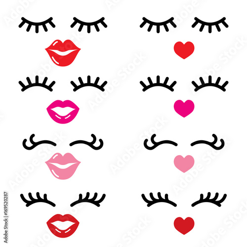 Eyelashes and lips vector icons, pretty girl's face, closed eyes and heart lips - beauty concept
 