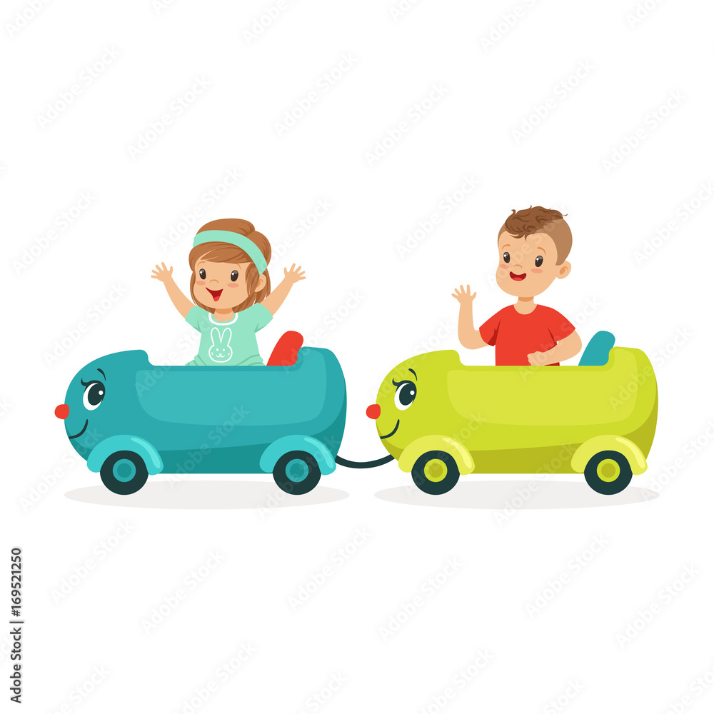 Fototapeta premium Cute happy little boy and girl riding a train, kid have a fun in amusement park cartoon vector Illustration
