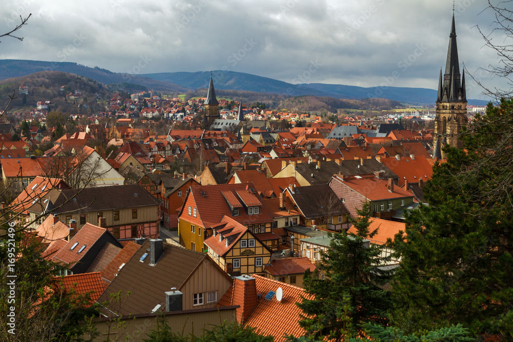 Wernigerode, Cityview over the rooftops of timber-framed buildings