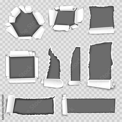 Paper torn holes vector isolated set on transparent background