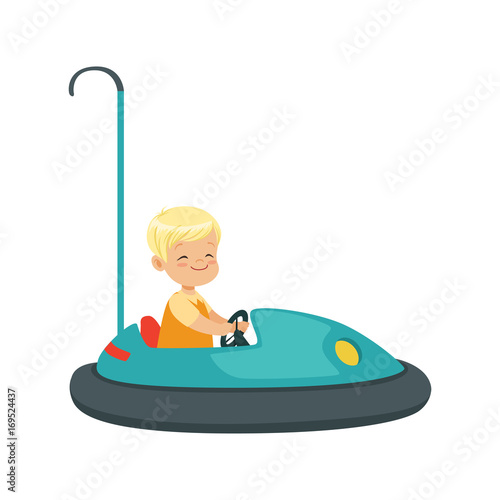 Cute little boy riding bumper car, kid have a fun in amusement park cartoon vector Illustration