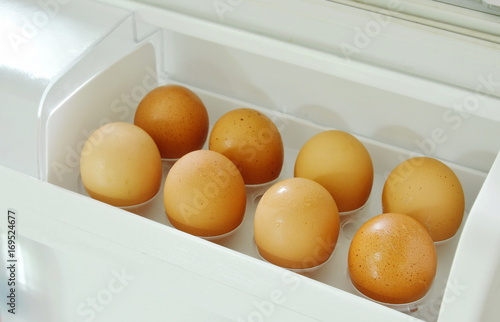 brown egg stored on tray in refrigerator door