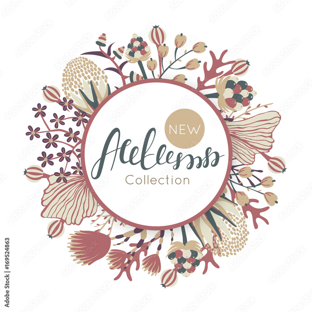 New autumn collection. Fall. Floral round frame. Hand drawn flowers around circle. It can be used for card, invitation, flyer, banner, advertising, signboard . Vector illustration, eps10 New autumn collection. Fall. Floral round frame. Hand drawn flowers around circle. It can be used for card, invitation, flyer, banner, advertising, signboard . Vector illustration, eps10