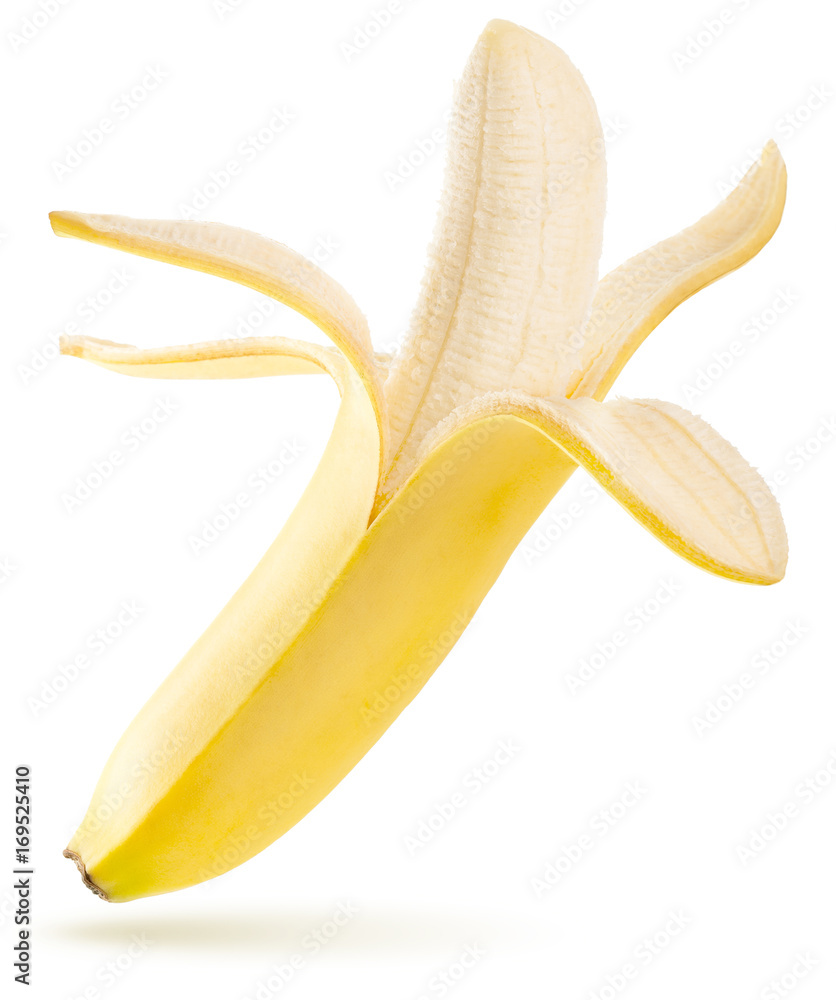 open ripe banana flying isolated on white