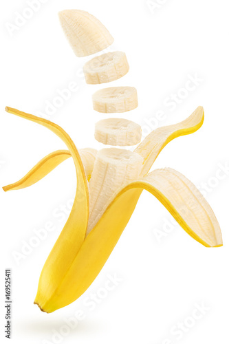 open and sliced banana floating on white 