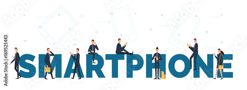 smartphone usage concept illustration of young men and women using mobile devices such as smartphone and digital tablet.