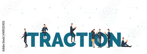 lettering of traction concept with people are using laptop and smartphones for play social network.