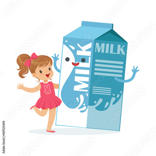 Cute little girl and funny milk carton box with smiling human face playing and having fun, healthy childrens food cartoon characters vector Illustration