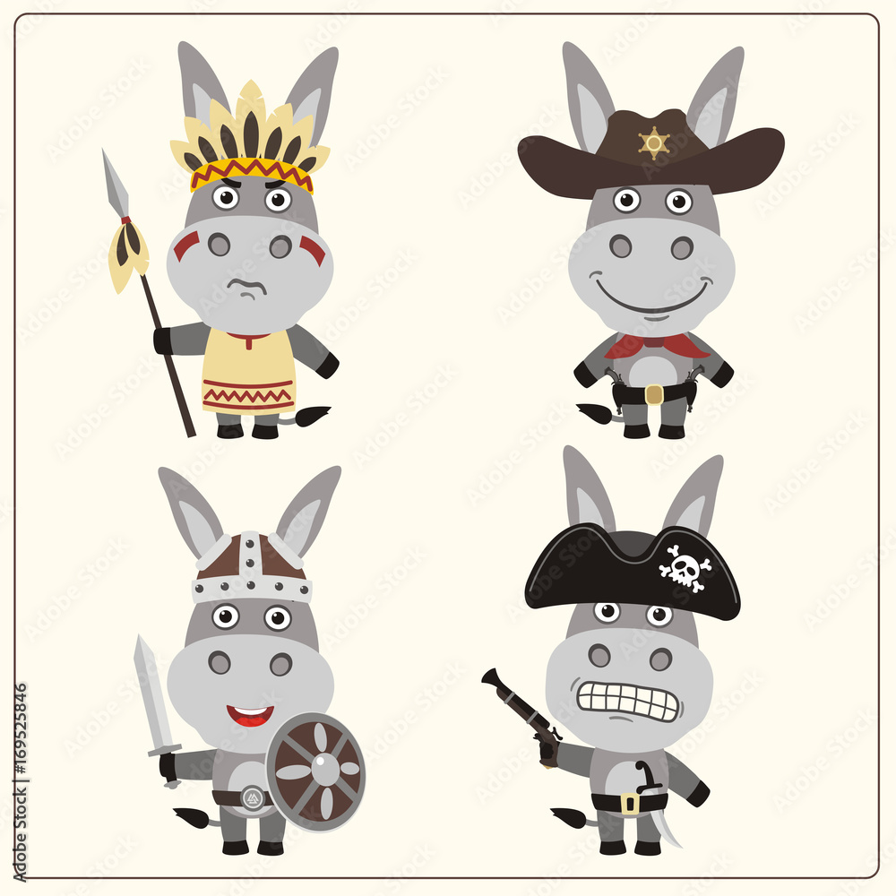 Set isolated donkey in cartoon style for design children holiday and birthday. Funny donkey in costume of viking, american indian, cowboy and pirate. Set isolated donkey in cartoon style for design children holiday and birthday. Funny donkey in costume of viking, american indian, cowboy and pirate.