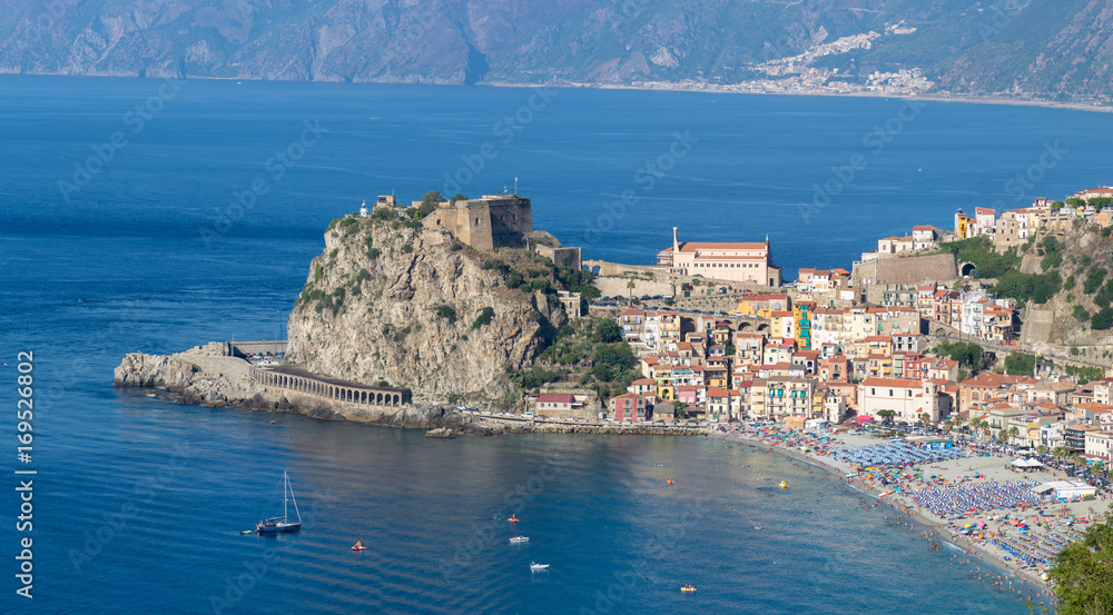 Scilla, Calabria, view of the Castle and beach - obrazy, fototapety, plakaty 