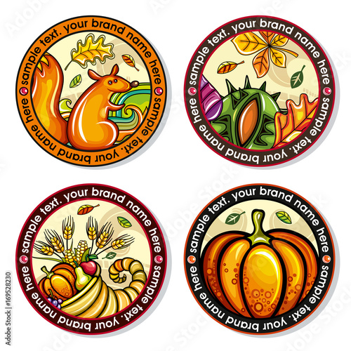Vector set of Seasonal Autumn round drink coasters for cold, hot beverages. Cartoon fall designs for bar, pub, coffee shop, to place tea mug or beer bottle. Laves, nuts, squirrel, cornucopia, pumpkin