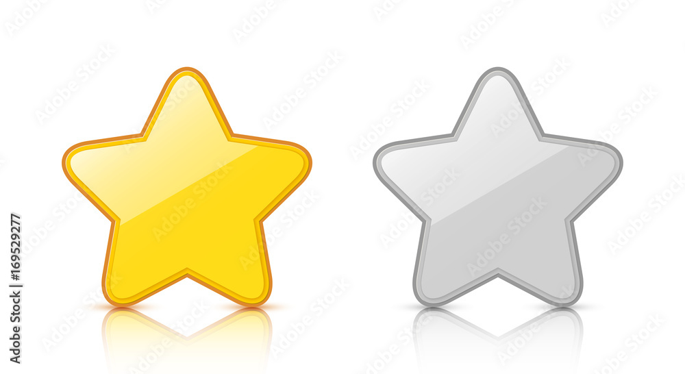 Set of glossy golden & silver star icons with reflection isolated on white background. Vector EPS10 Set of glossy golden & silver star icons with reflection isolated on white background. Vector EPS10
