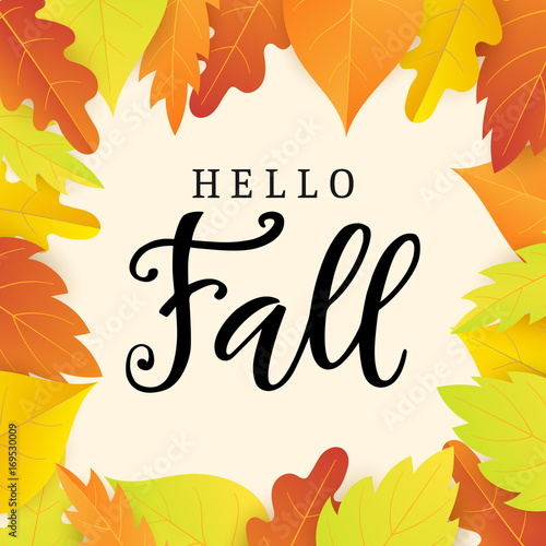 Hello fall banner template with bright colorful leaves
