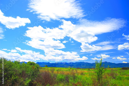 Beautiful summer day in nature, blue sky with white clouds, high mountains in background