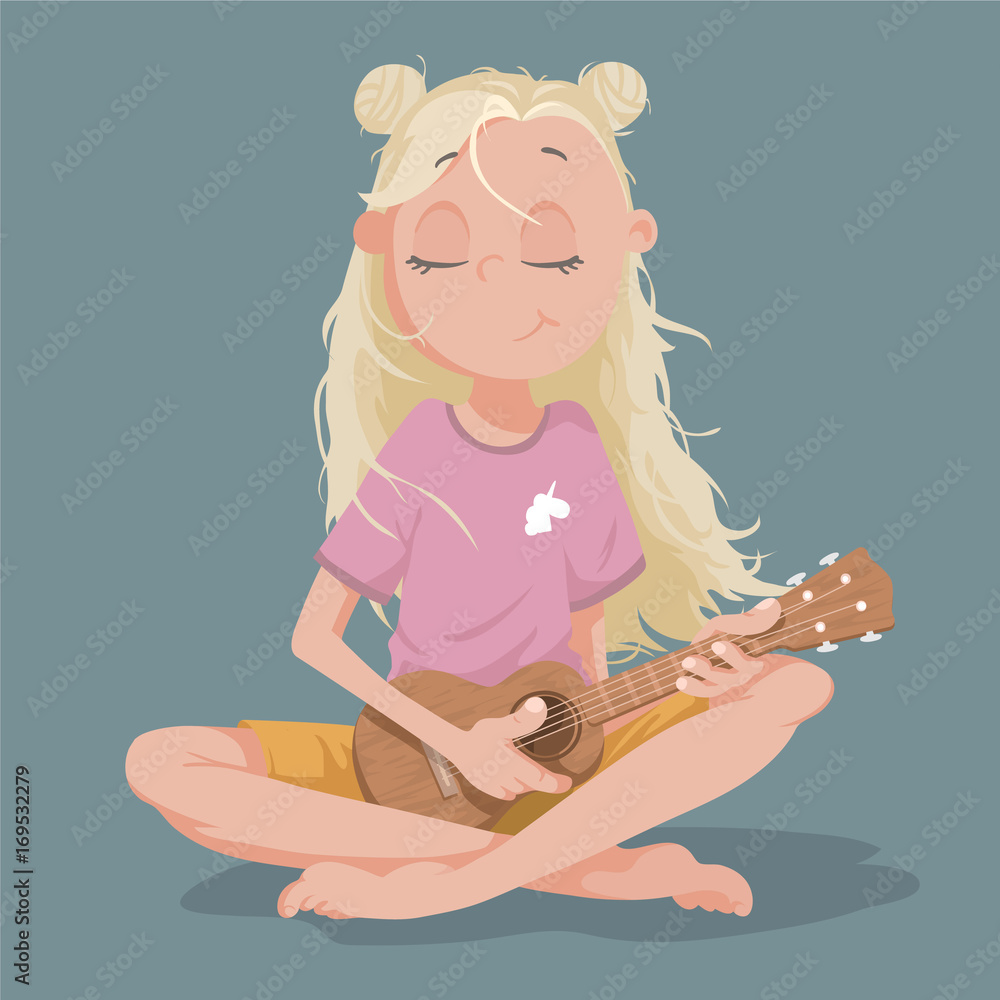 cute cartoon blondie girl playing ukulele in pink tshirt with unicorn