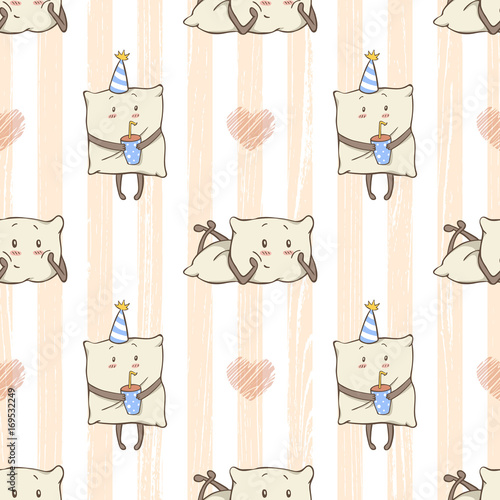 Pajama Party Invitation Card Template With cute cartoon Pillow Inviting Kids For The Slumber Pyjama Overnight Sleepover. seamless pattern for fabrics, apparel, home decoration or wrapping paper design