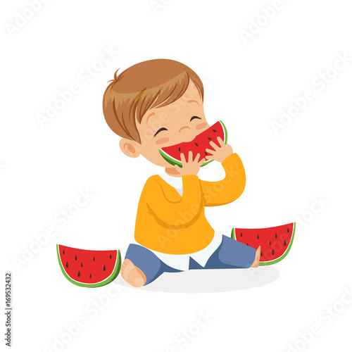 Cute little boy character enjoying eating watermelon cartoon vector Illustration