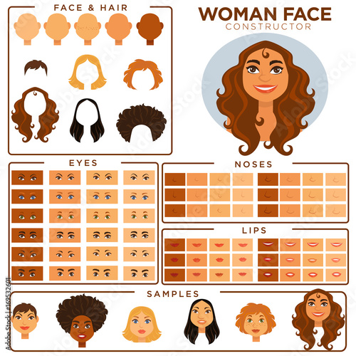 Woman face constructor skin, haircut nose and eyes templates vector set