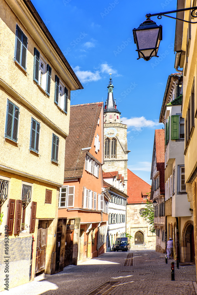 Gasse Universitätsstadt  Tübingen Stiftskirche Sankt Georg Fachwerkhaus