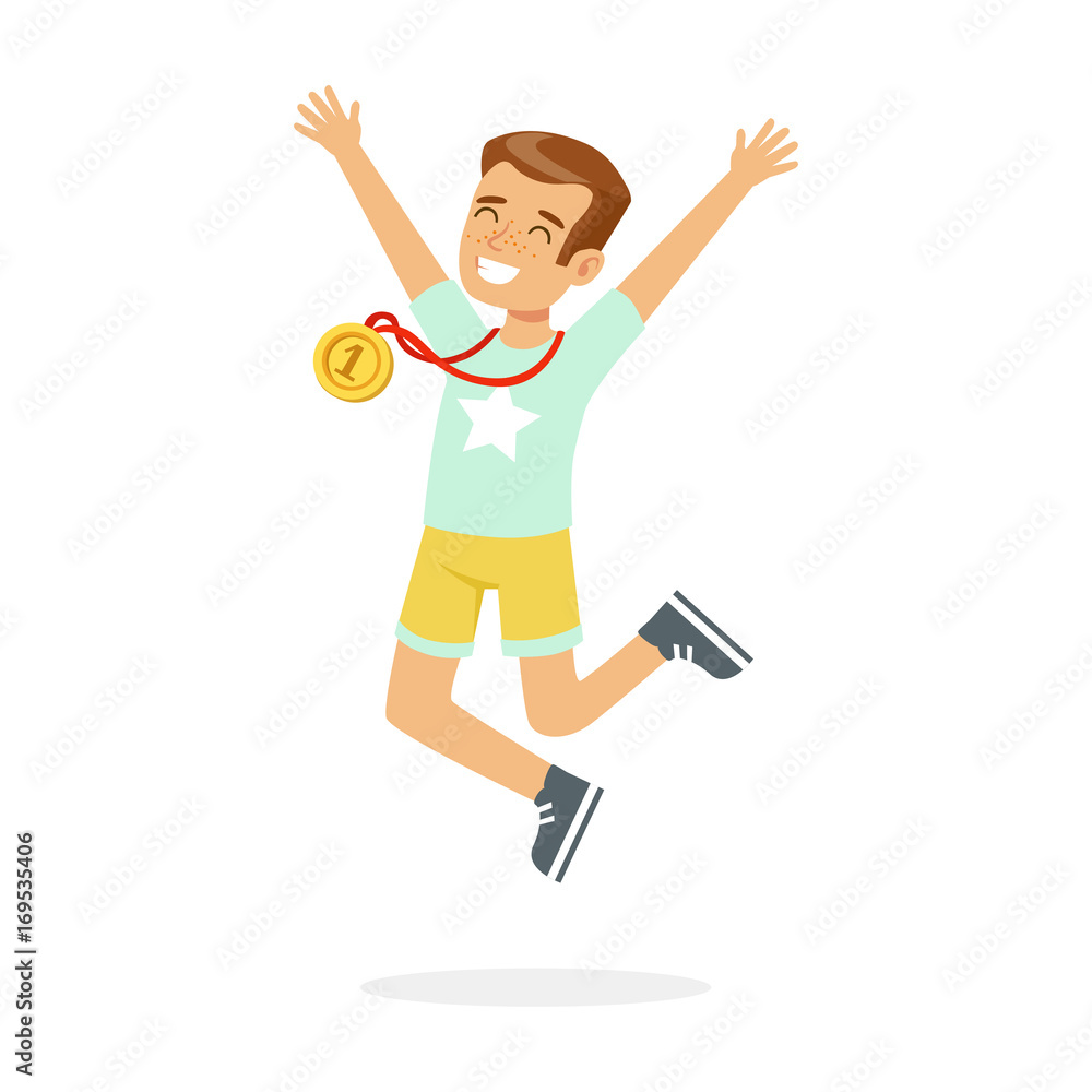 Young happy boy with a first place medal, kid celebrating his golden medal cartoon vector Illustration Young happy boy with a first place medal, kid celebrating his golden medal cartoon vector Illustration