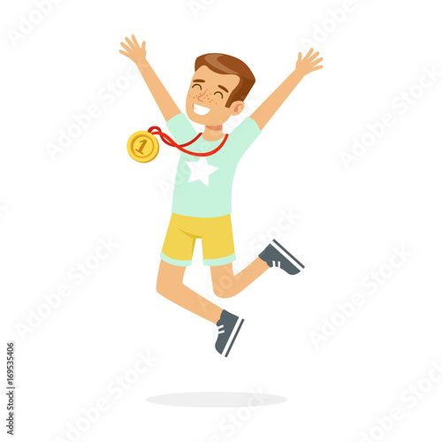 Young happy boy with a first place medal, kid celebrating his golden medal cartoon vector Illustration