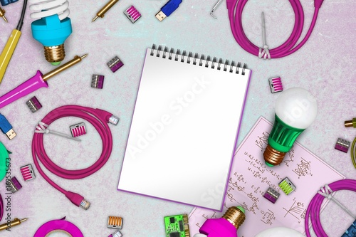 Collage of electric tools on rock with blank notepad paper and cables, terminals, printed circuit boards, led light bulbs, insulating tape. electric work table 3d illustration
