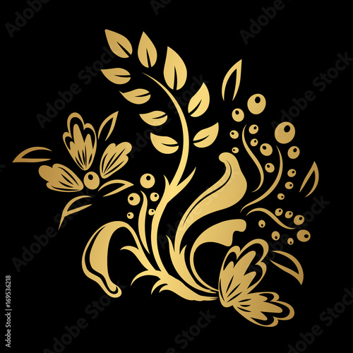 Fototapeta Naklejka Na Ścianę i Meble -  Traditional Russian ornament with elements of folk Khokhloma style. A floral print in gold colors. Vector illustration.
