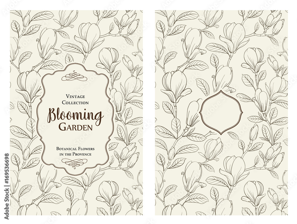 Fototapeta premium Invitation card with flowers. Blossom magnolia for you personal cover. Magnolia pattern. Floral theme for book cover. Botanical texture illustration in style of engraving. Vector illustration.