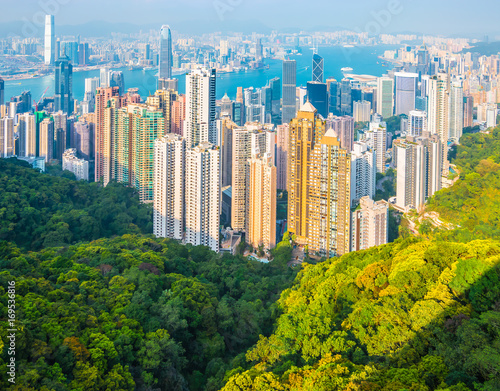 Victoria harbour. Hong Kong, China. Beautiful skyline from Victoria Peak. Bright and colorful panoramic view.