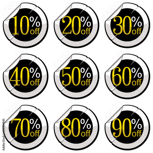 discount or sale stickers, from ten to ninety percent, vector illustration