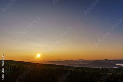 Spectacular dawn over mountain range in Sheregesh  Siberia  