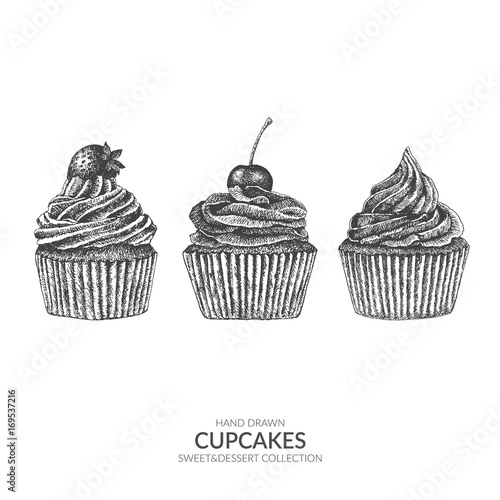 Set of cupcakes. Hand drawn vector element with ink and pen. Vintage black and white illustration. Sweet and dessert collection.